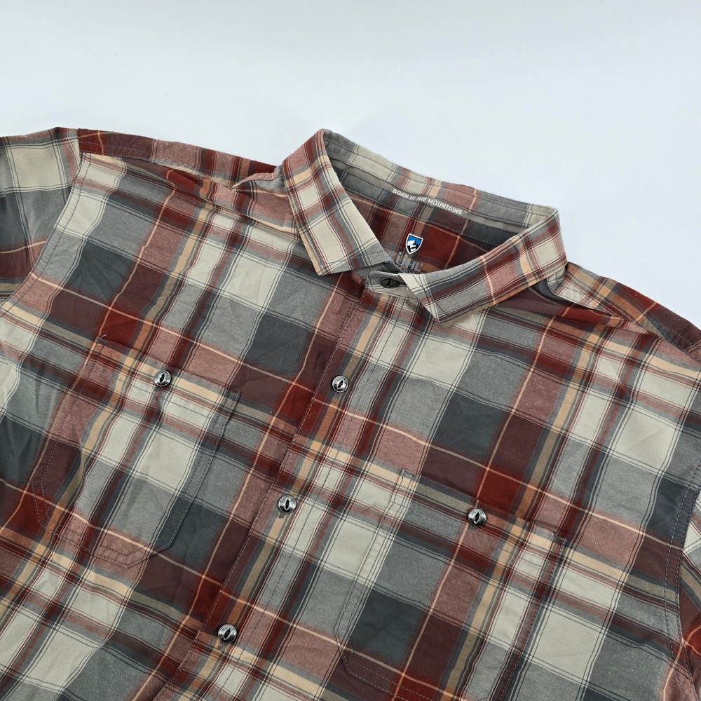 Kuhl Mens XL Tapered Fit Plaid Short Sleeve Button Down Shirt Red Grey Tan